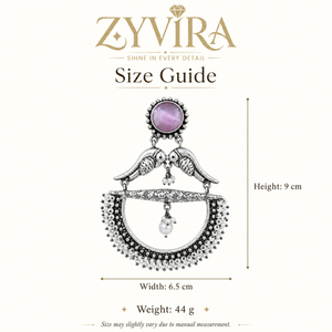 Size guide showing the proportions of purple bird pearl chandelier earrings