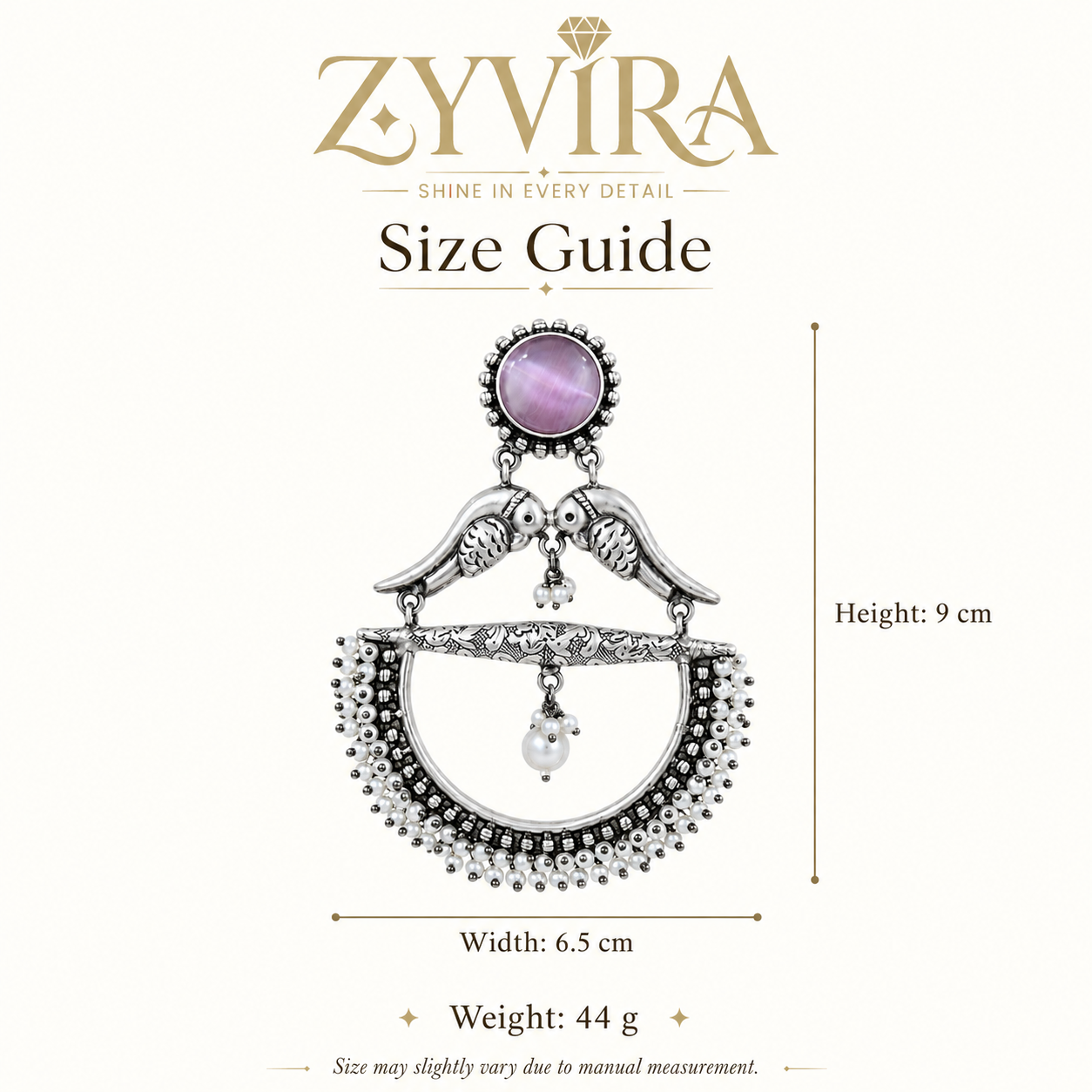 Size guide showing the proportions of purple bird pearl chandelier earrings