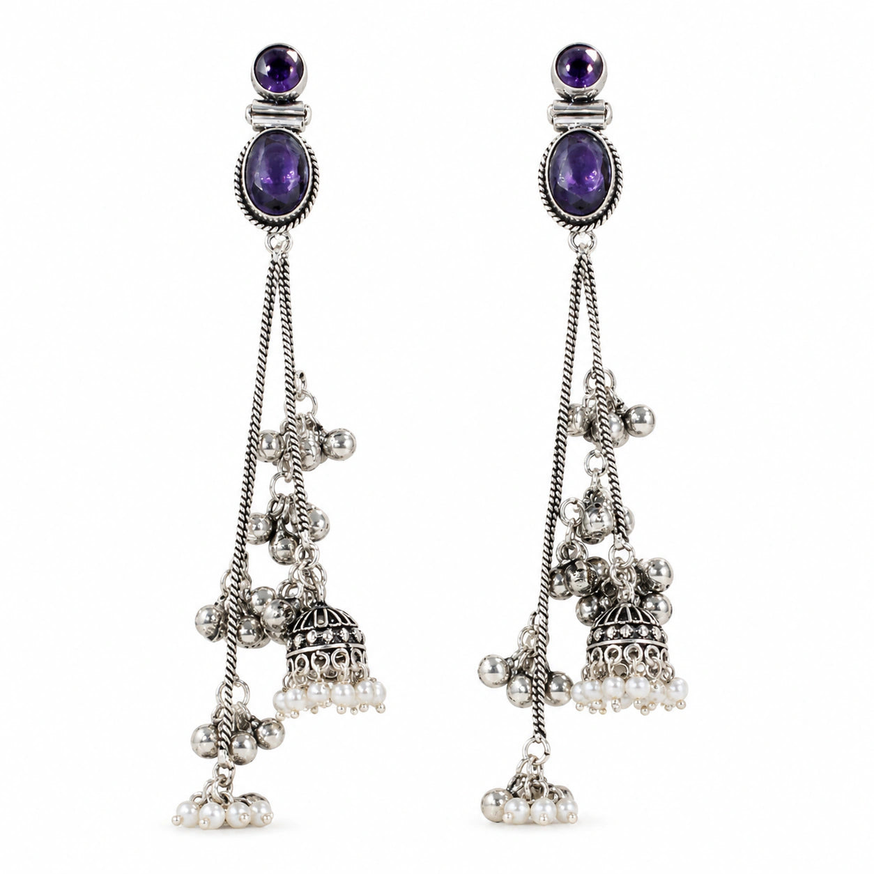 German silver purple crystal-style pearl chandelier earrings