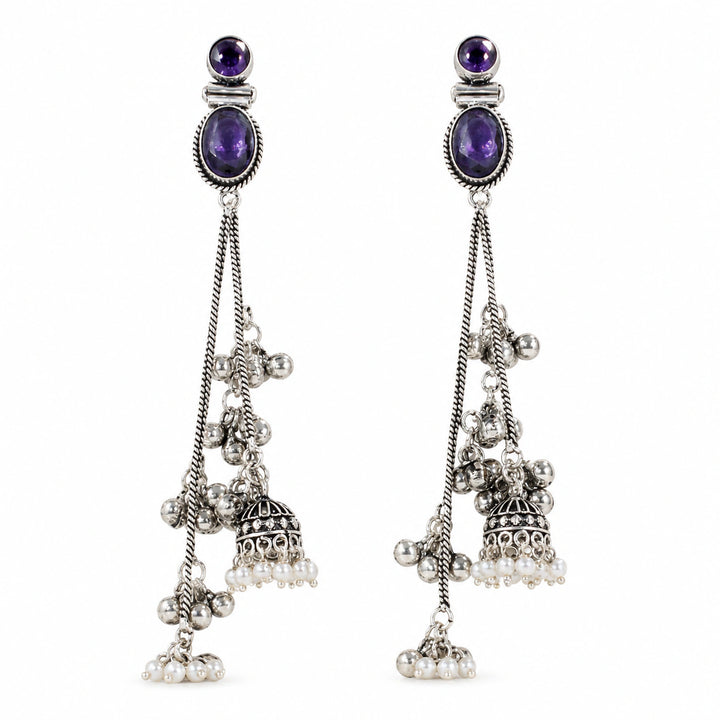 German silver purple crystal-style pearl chandelier earrings