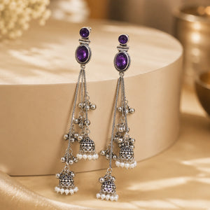 Product details card for German silver purple pearl chandelier earrings