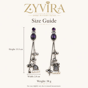 Size guide showing the proportions of purple pearl chandelier earrings