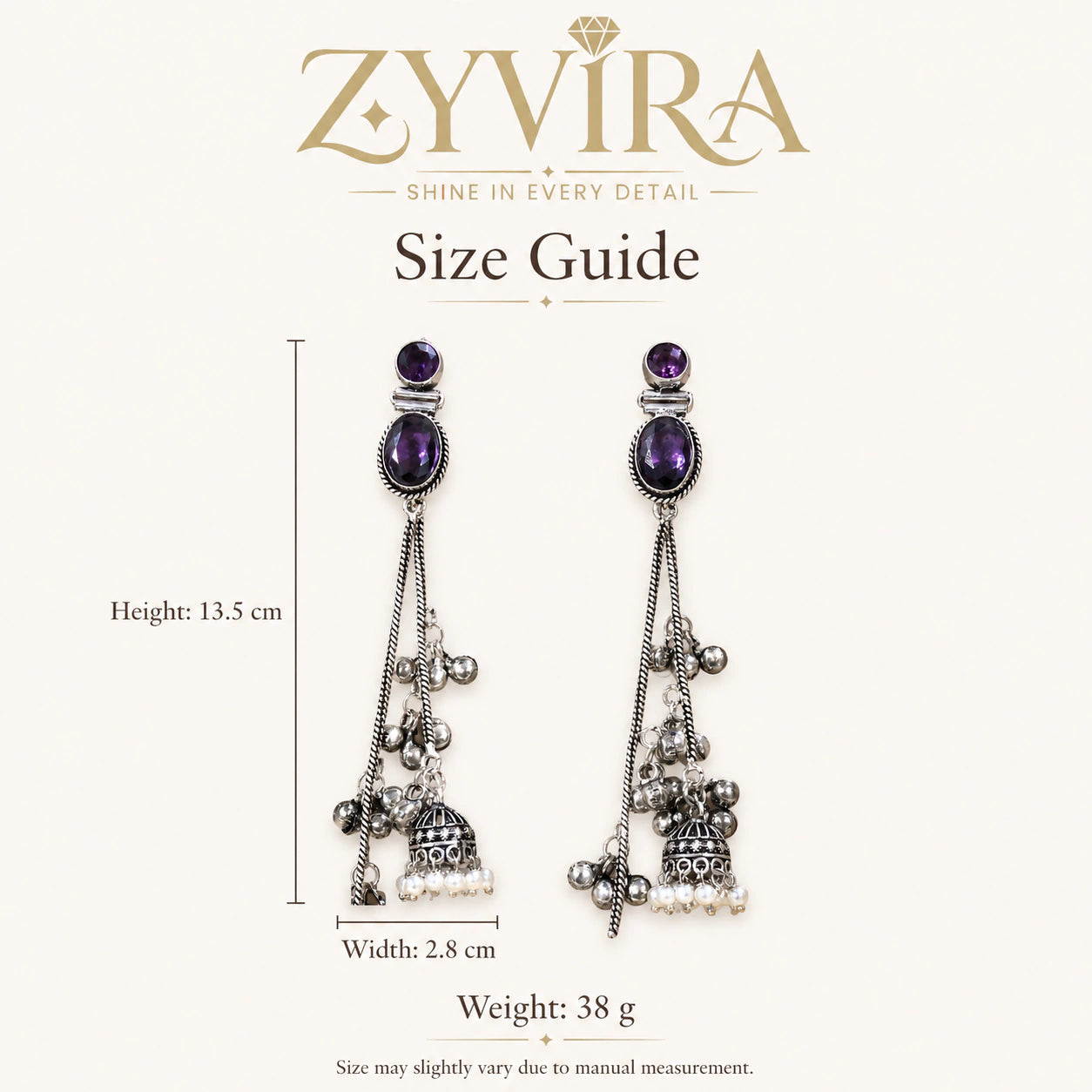 Size guide showing the proportions of purple pearl chandelier earrings