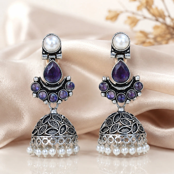 German silver purple pearl leaf dome jhumka earrings