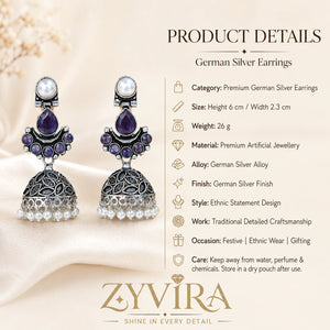 Product details card for German silver purple pearl leaf dome jhumka earrings