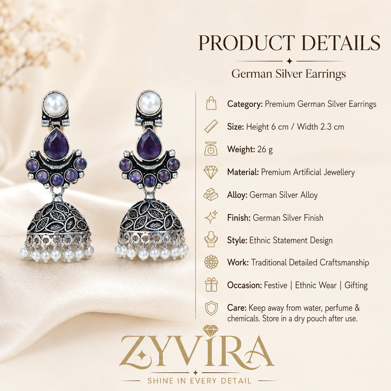 Product details card for German silver purple pearl leaf dome jhumka earrings
