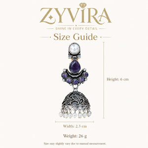 Size guide showing the proportions of purple pearl leaf dome jhumka earrings