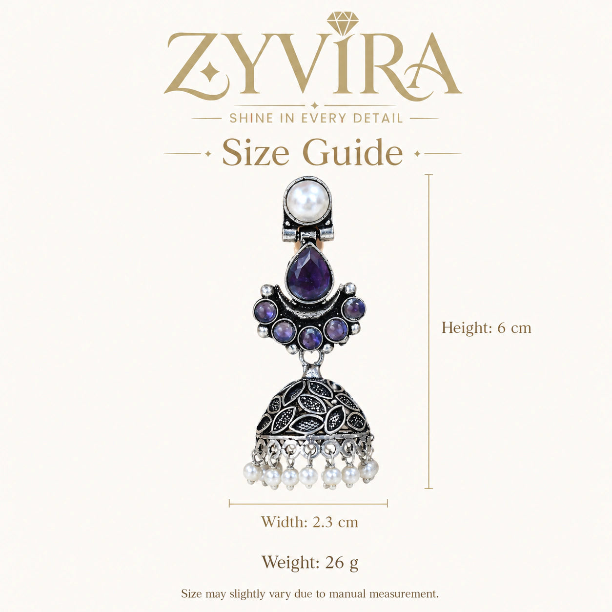 Size guide showing the proportions of purple pearl leaf dome jhumka earrings