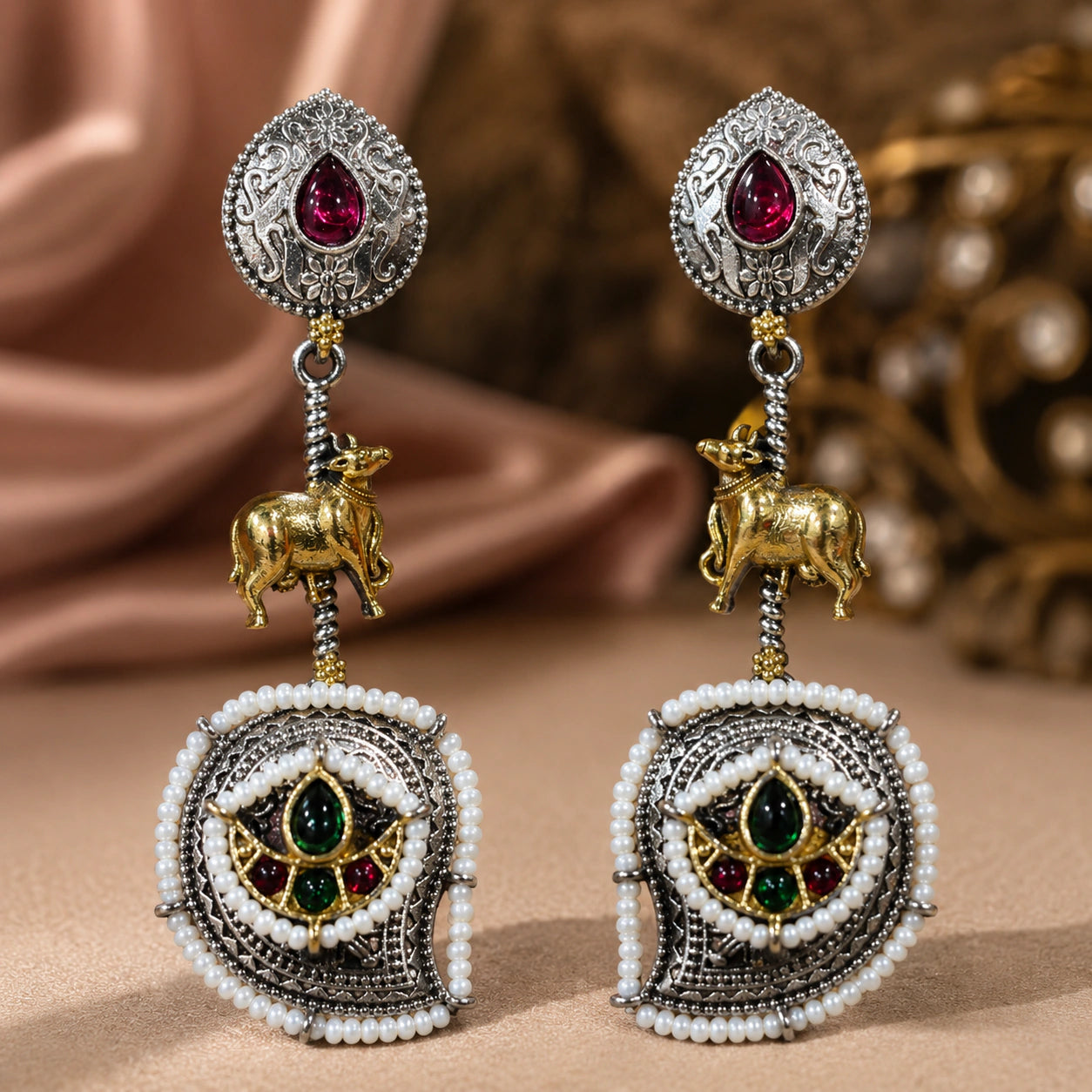 Angled view of German silver rani pink cow charm chandelier earrings