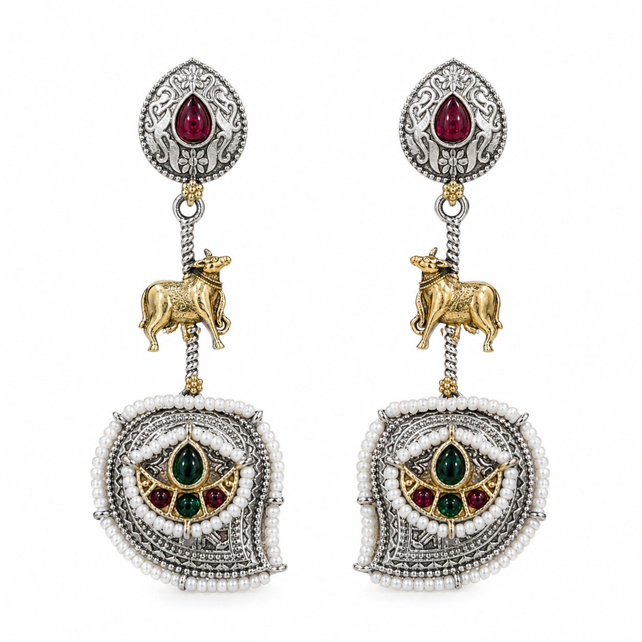 German silver rani pink pearl-style cow charm chandelier earrings