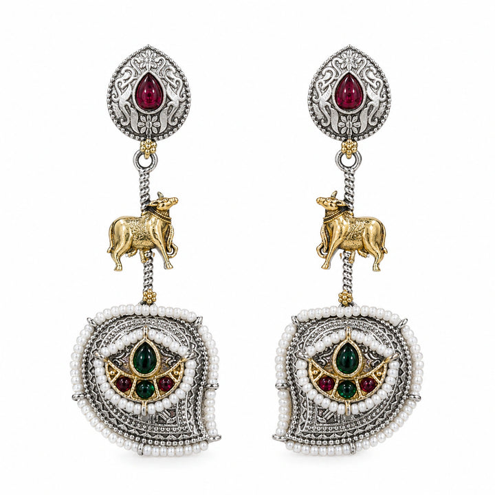 German silver rani pink pearl-style cow charm chandelier earrings