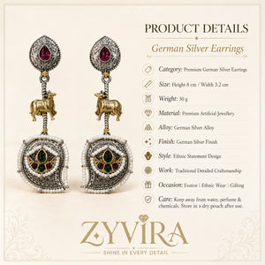 Product details card for German silver rani pink cow charm earrings