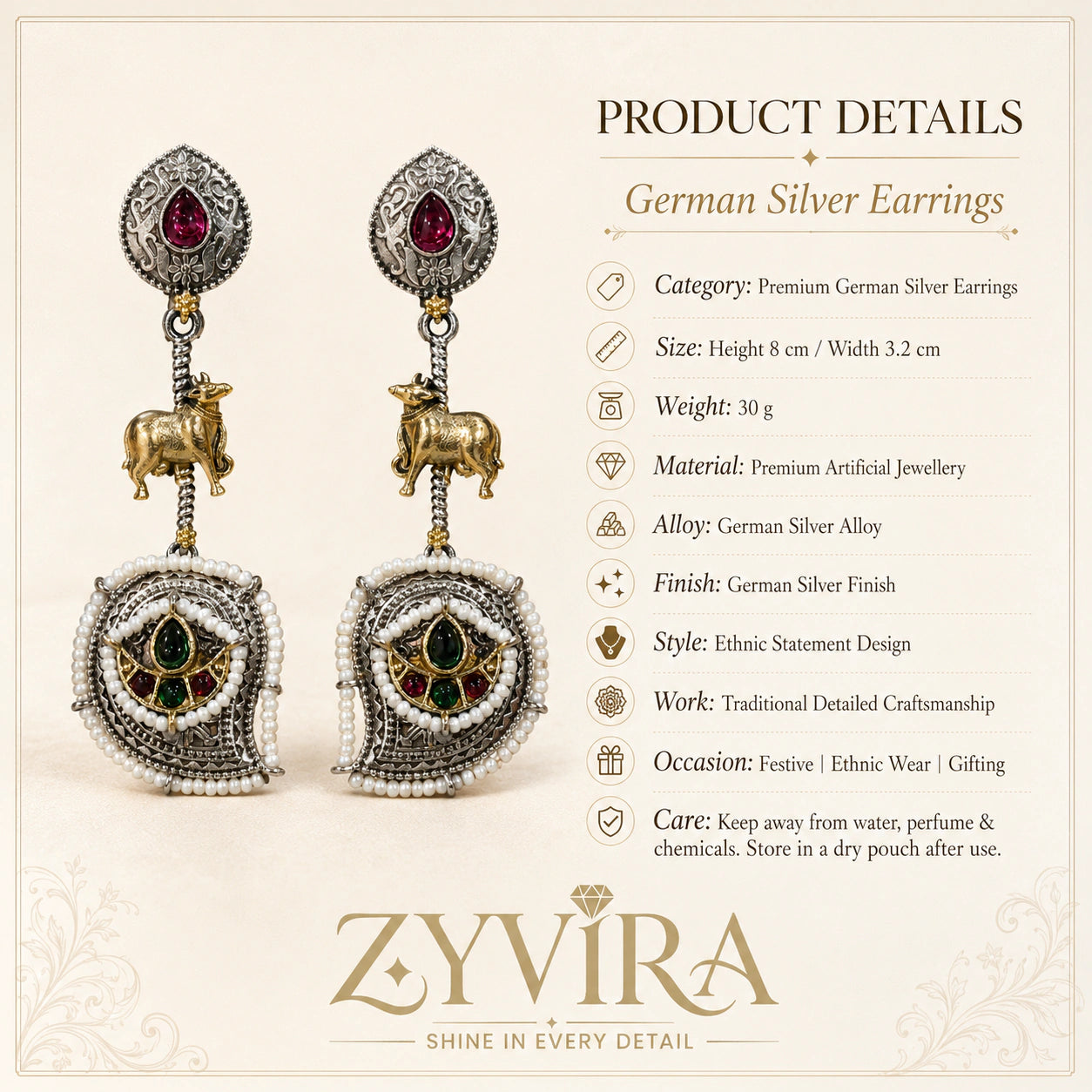 Product details card for German silver rani pink cow charm earrings