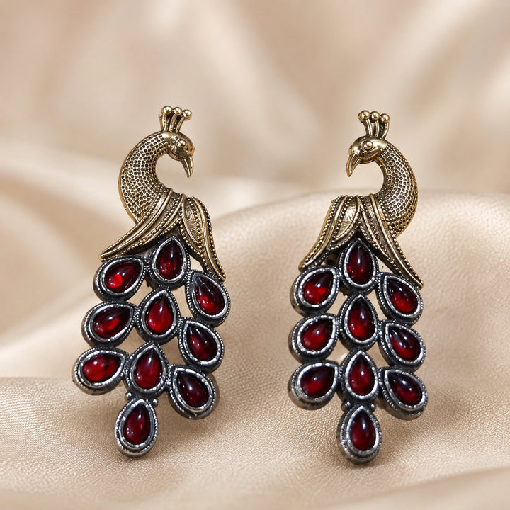 German silver red peacock chandelier earrings