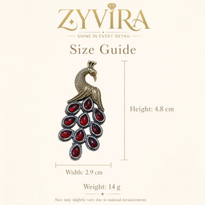 Size guide showing the proportions of German silver red peacock earrings