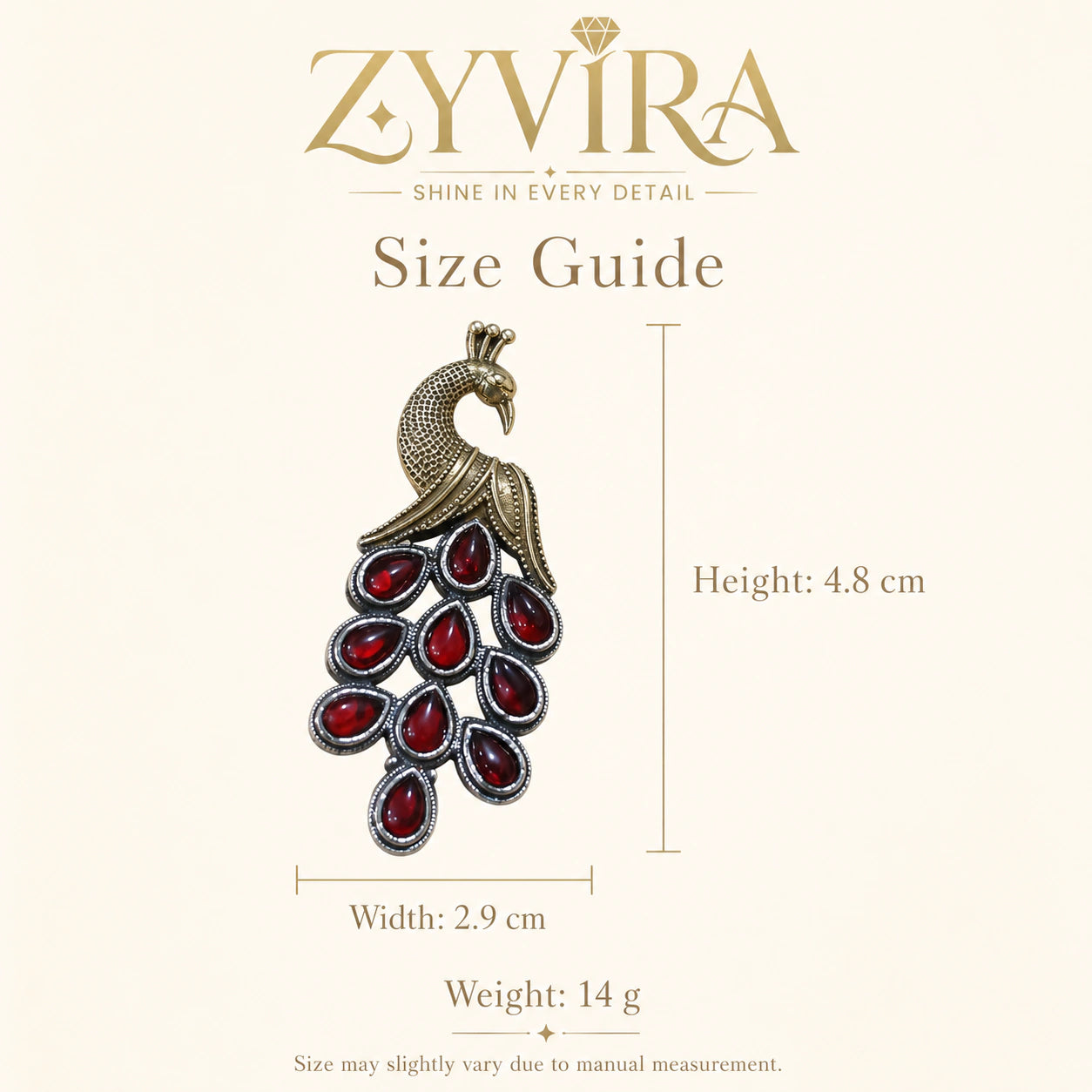 Size guide showing the proportions of German silver red peacock earrings