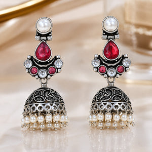 German silver ruby-tone pearl leaf jhumka earrings
