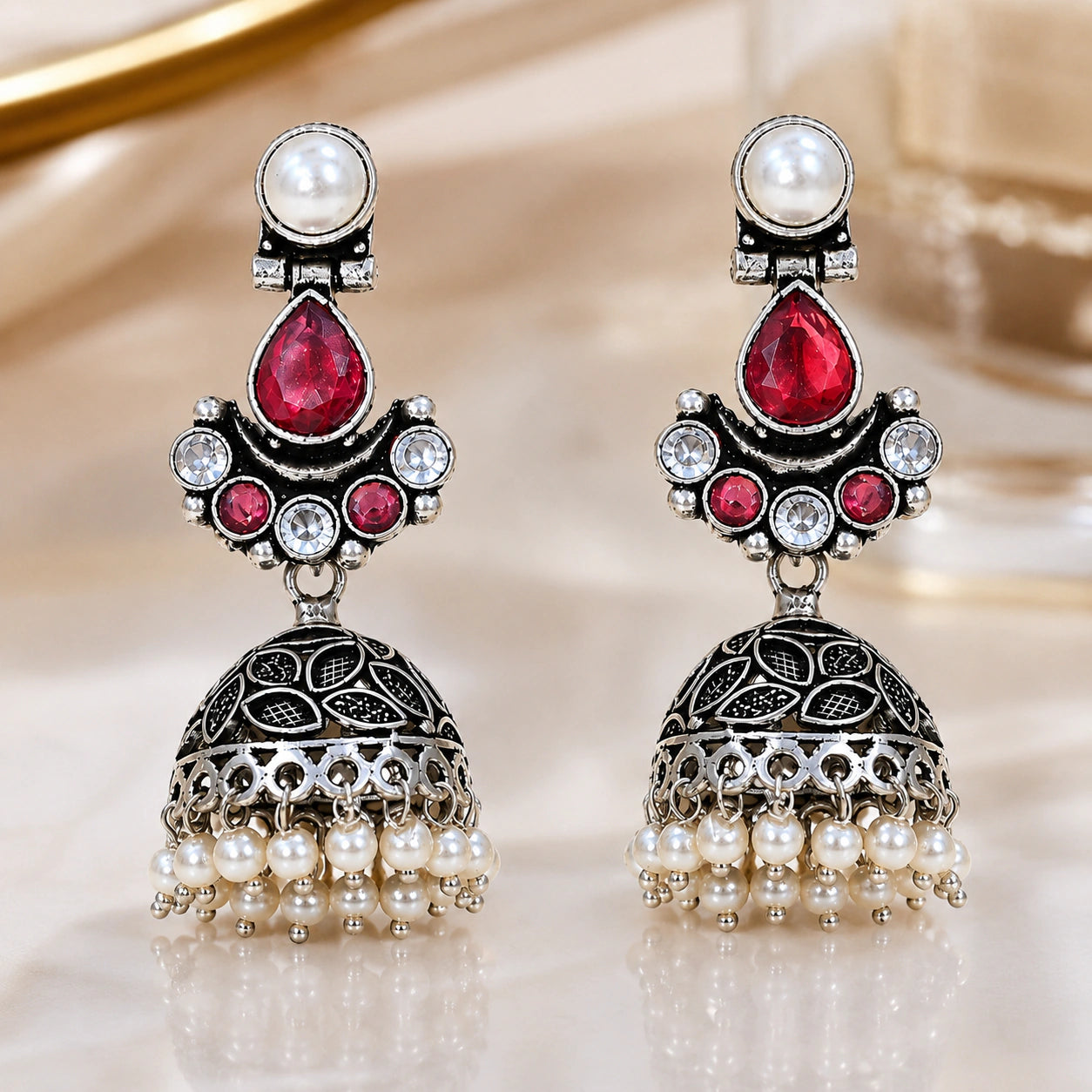 German silver ruby-tone pearl leaf jhumka earrings