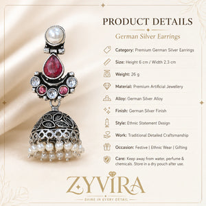 Product details card for German silver ruby-tone pearl leaf jhumka earrings