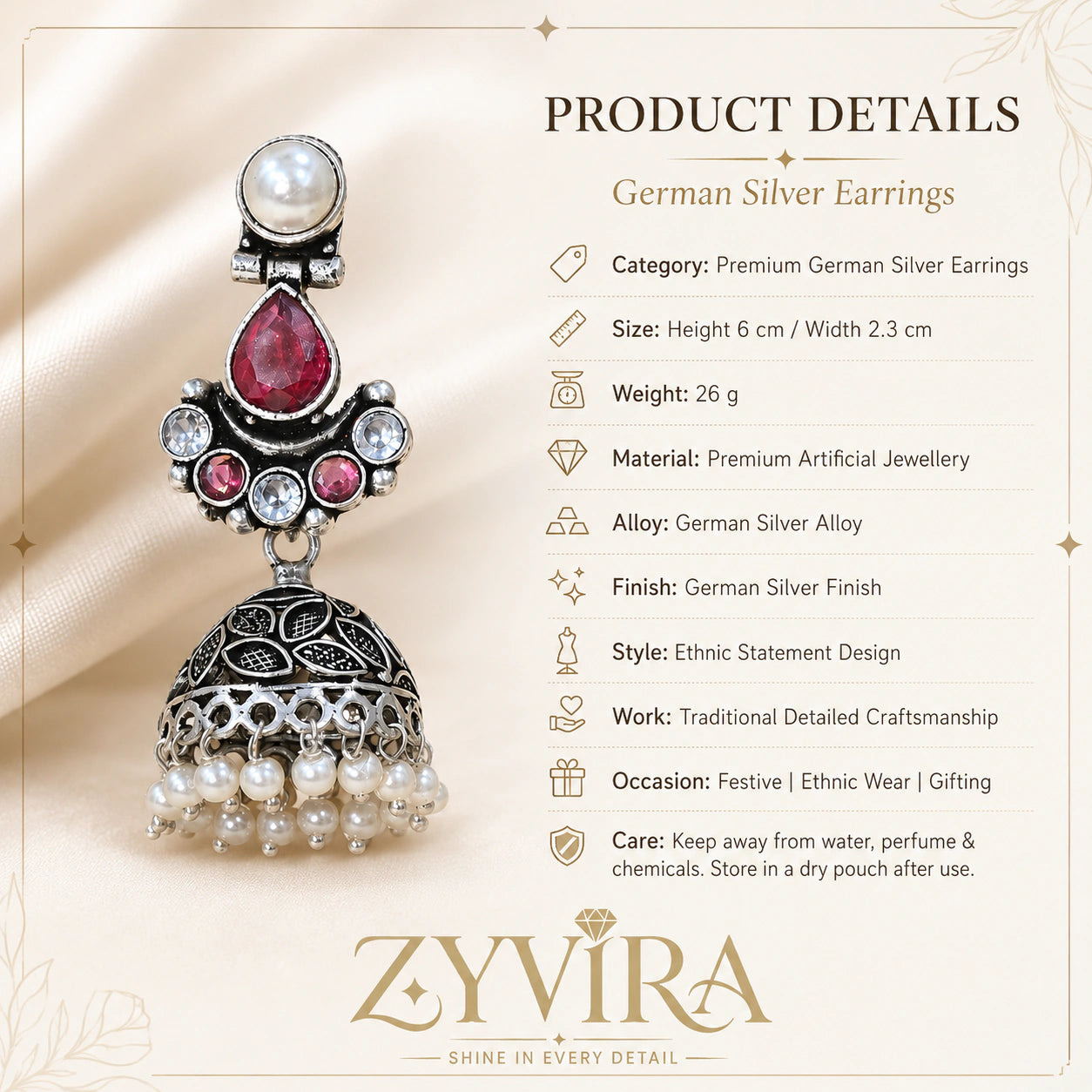 Product details card for German silver ruby-tone pearl leaf jhumka earrings