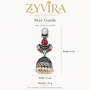 Size guide showing the proportions of ruby-tone pearl leaf jhumka earrings