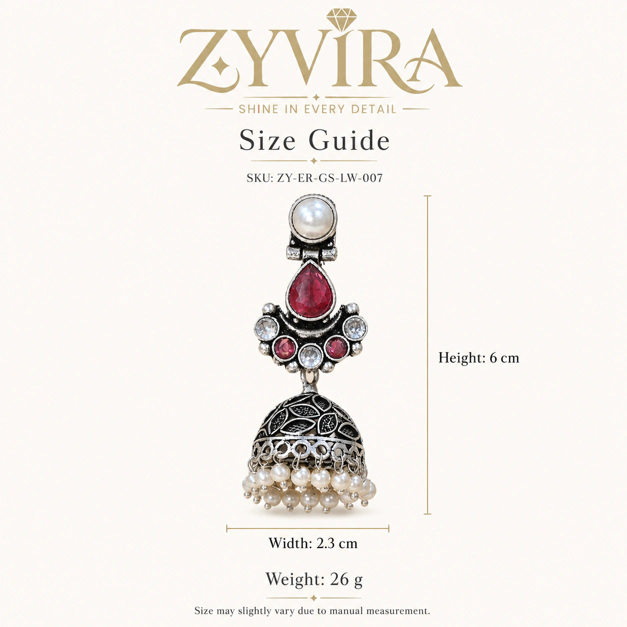 Size guide showing the proportions of ruby-tone pearl leaf jhumka earrings