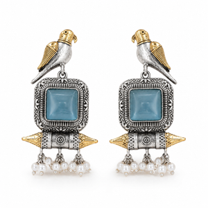 German silver sky blue bird pearl-style dangle earrings