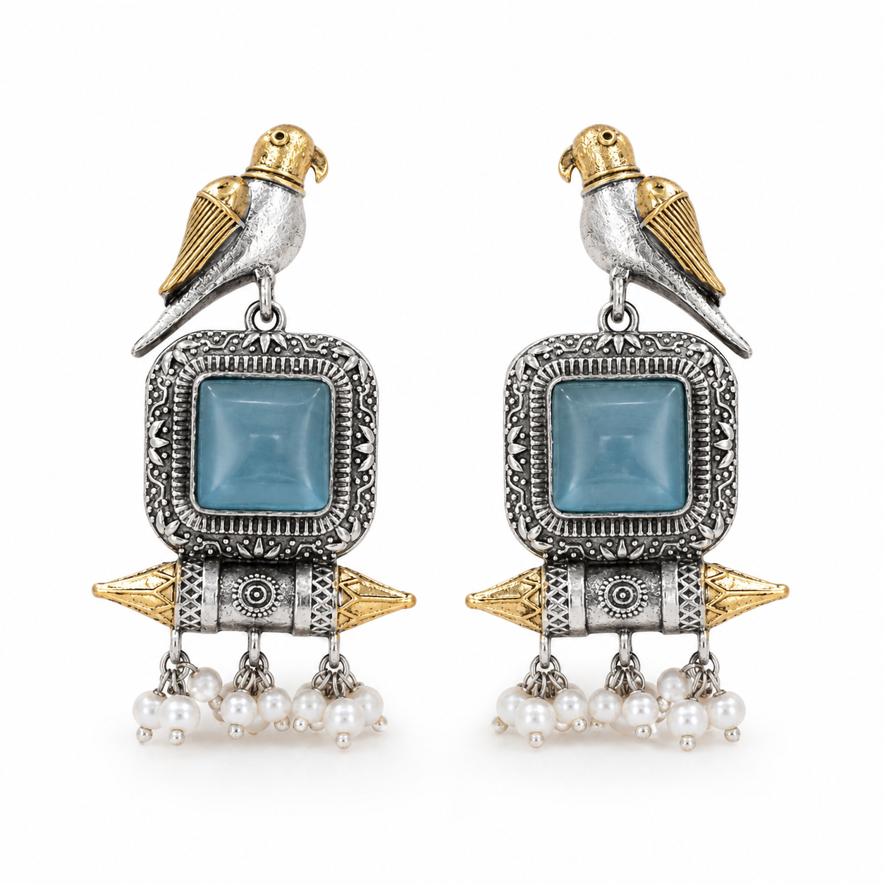 German silver sky blue bird pearl-style dangle earrings