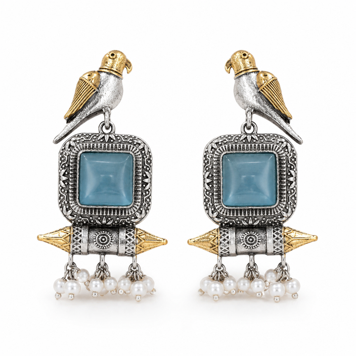German silver sky blue bird pearl-style dangle earrings