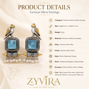 Product details card for German silver sky blue bird pearl-style dangle earrings