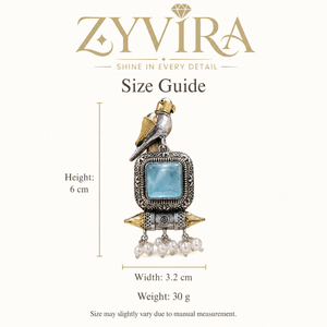 Size guide showing the proportions of sky blue bird pearl-style dangle earrings