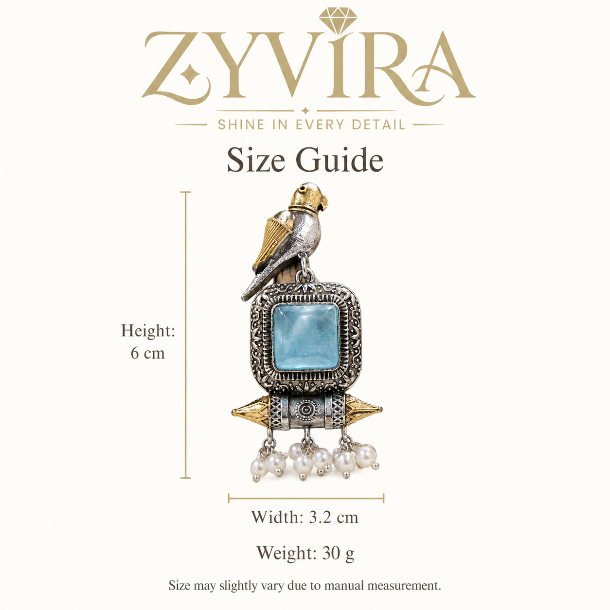 Size guide showing the proportions of sky blue bird pearl-style dangle earrings