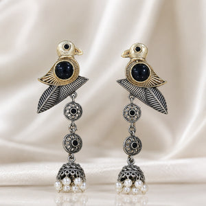 Product details card for German silver sparrow pearl dangle earrings