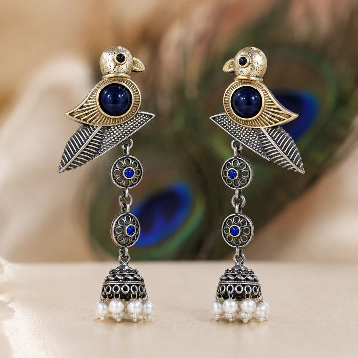 German silver sparrow bird pearl-style jhumka earrings