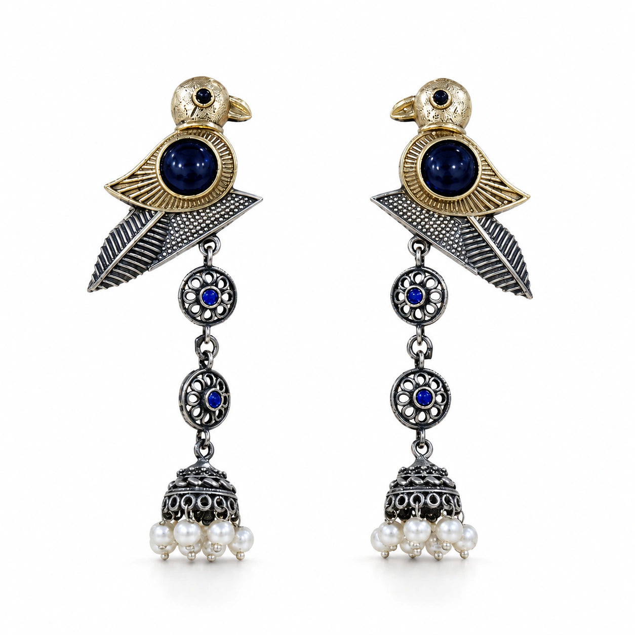 Sparrow pearl-style jhumka earrings styled in an elegant jewellery flat lay