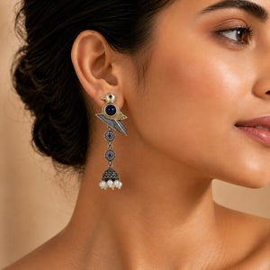Close-up of sparrow motifs, pearl-style beads and antique jhumka detailing