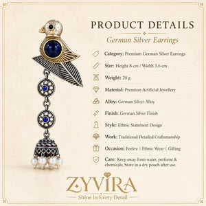 Product details card for German silver sparrow pearl-style jhumka earrings