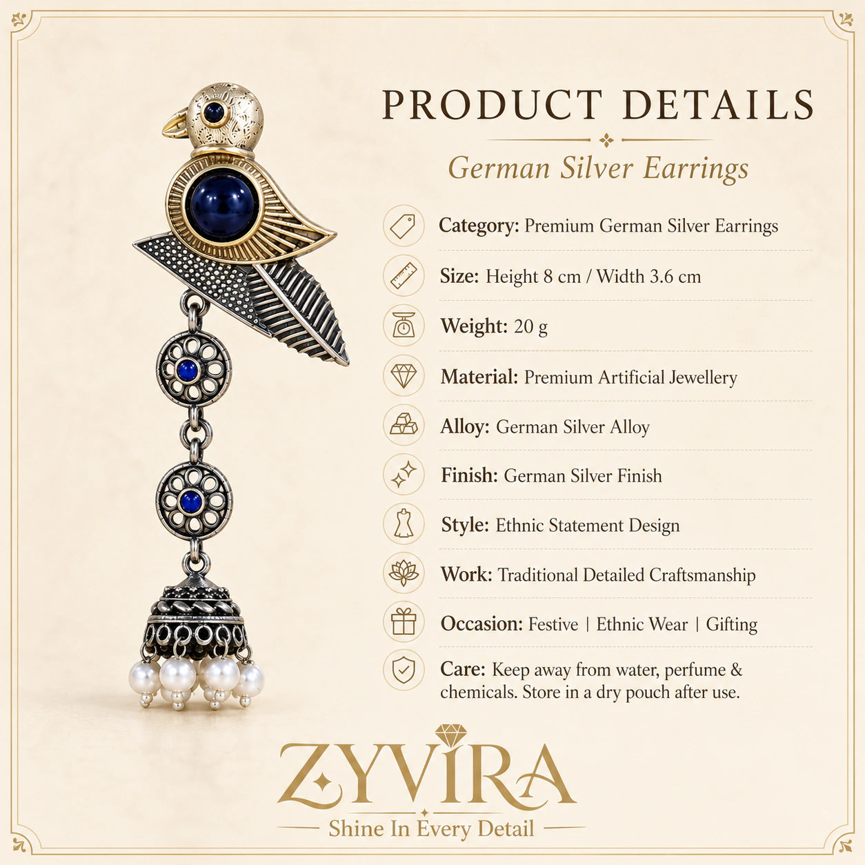 Product details card for German silver sparrow pearl-style jhumka earrings