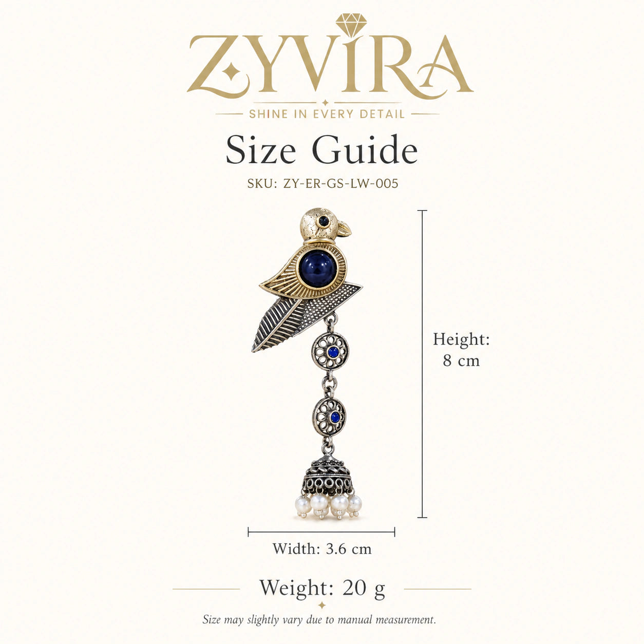 Size guide showing the proportions of sparrow pearl-style jhumka earrings