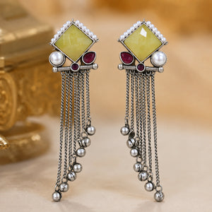 German silver yellow and maroon pearl-style fringe dangle earrings