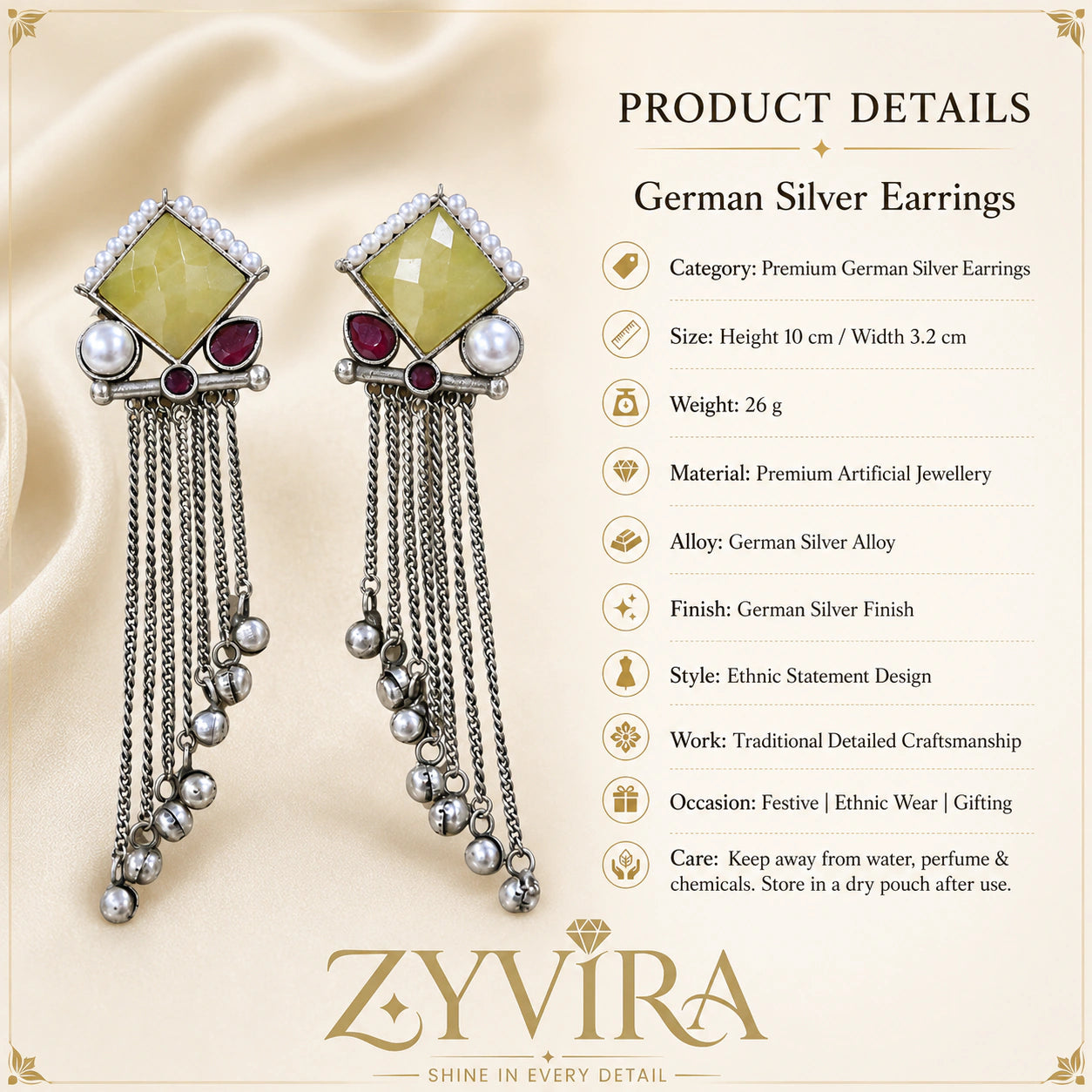 Product details card for German silver yellow and maroon pearl-style fringe earrings