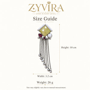 Size guide showing the proportions of yellow and maroon fringe earrings