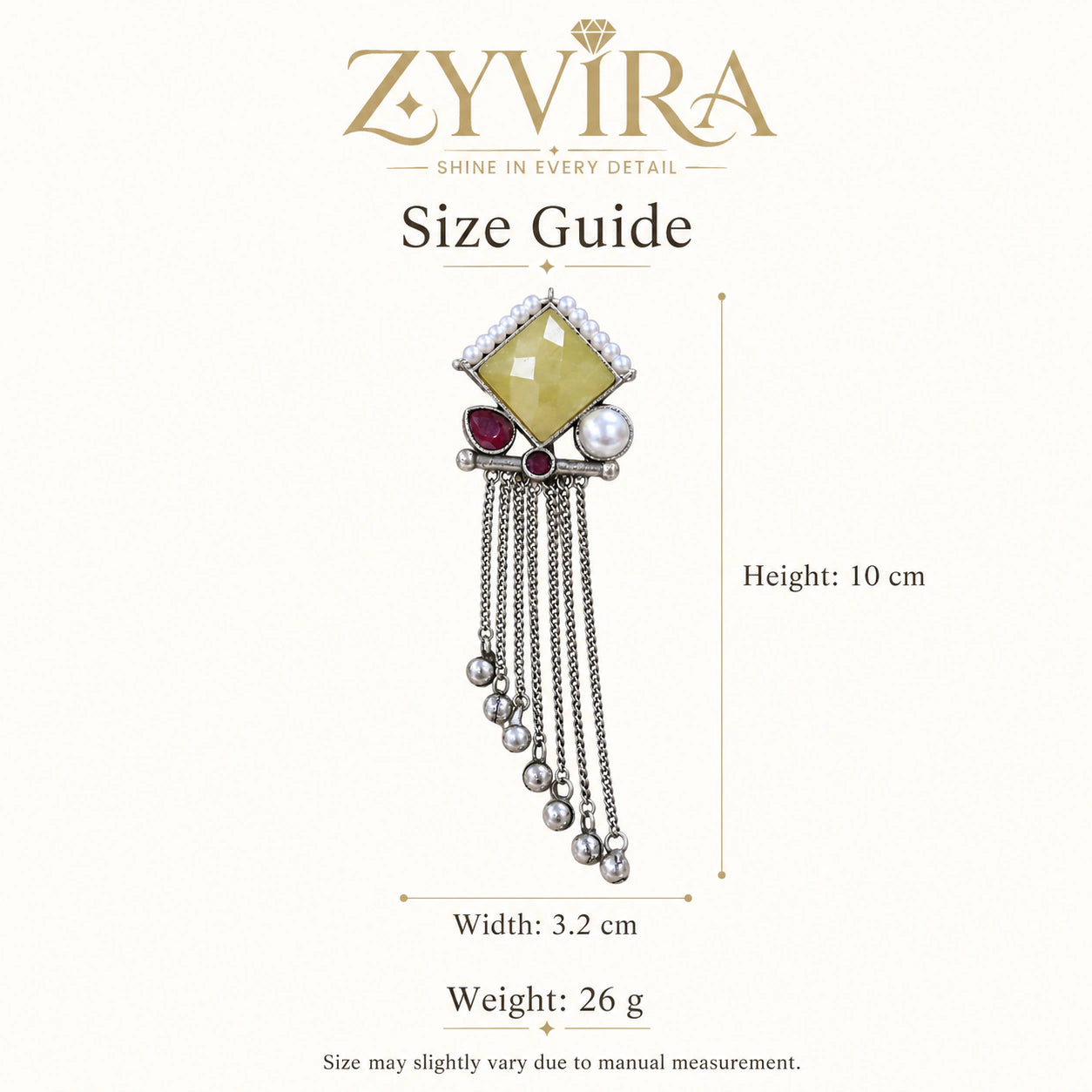 Size guide showing the proportions of yellow and maroon fringe earrings