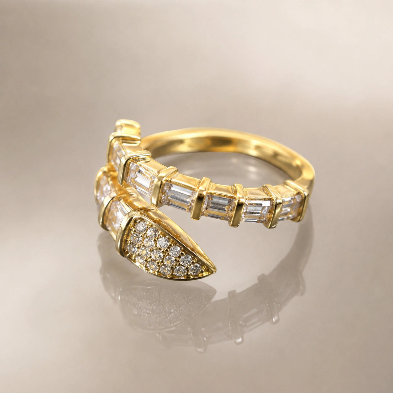 Alternate detail view of the gold crystal wrap ring