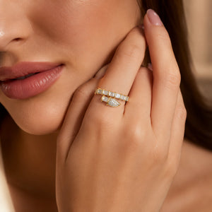 Alternate product view of the gold baguette crystal ring