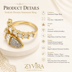 Gold crystal wrap ring styled in an elegant jewellery flat lay