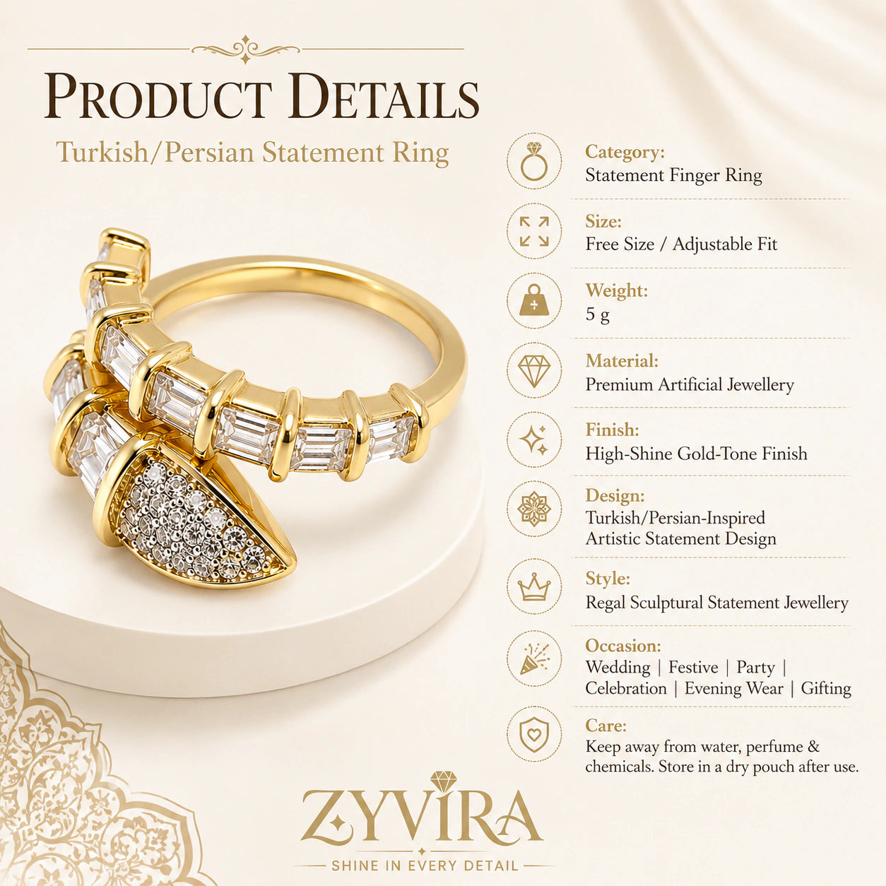Gold crystal wrap ring styled in an elegant jewellery flat lay