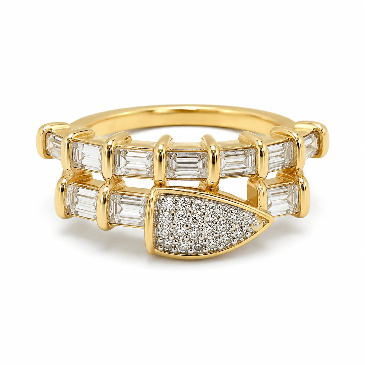 Top view of the gold baguette crystal teardrop ring