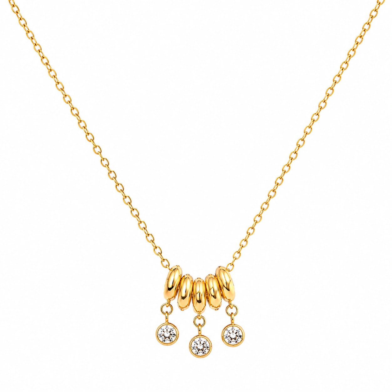 Angled view of the gold bead-cluster crystal charm necklace
