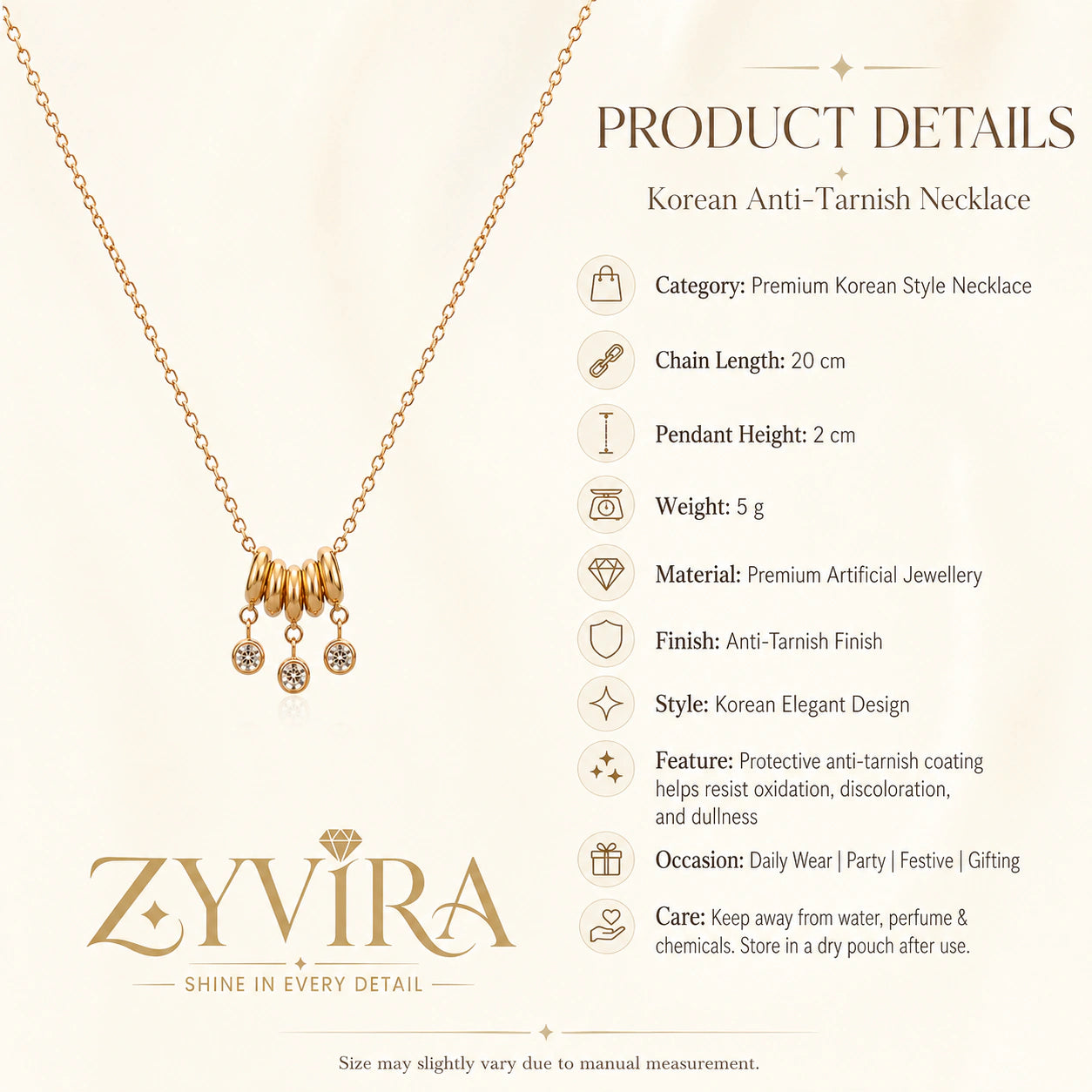 Product details card for the gold bead-cluster crystal necklace